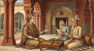 A vibrant Mughal-style painting of a royal figure sharing oral traditions with two scribes recording the history on scrolls within a palace courtyard.