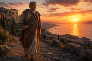 “Who Was Aristotle? The Curious Mind That Changed the World” Older Aristotle walking alone during sunset.