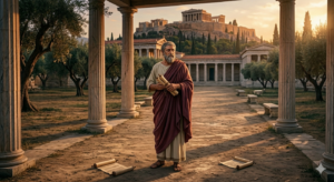 Plato: The Philosopher Who Changed Human Thinking Forever Plato standing in ancient Athens with philosophical academy background
