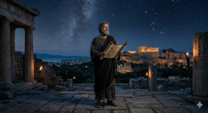 “Who Was Aristotle? The Curious Mind That Changed the World” “Aristotle standing under the night sky in ancient Greece”