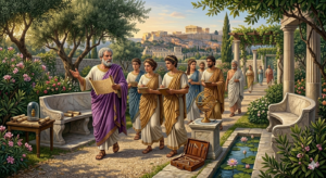 “Who Was Aristotle? The Curious Mind That Changed the World” Aristotle walking and teaching students in gardens.