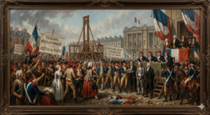 10 Shocking Facts About Marie Antoinette and Louis XVI During the French Revolution A somber historical painting of Marie Antoinette and Louis XVI in captivity during the French Revolution, depicting the fall of the French monarchy.
