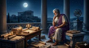 “Who Was Aristotle? The Curious Mind That Changed the World” ristotle writing or thinking under moonlight with scrolls and candles.