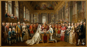 10 Shocking Facts About Marie Antoinette and Louis XVI During the French Revolution Oil painting of the royal wedding between Marie Antoinette and Louis XVI at Versailles, showcasing the French and Austrian court alliance.