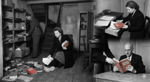 Black-and-white collage showing Miep Gies rescuing Anne Frank