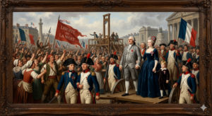 10 Shocking Facts About Marie Antoinette and Louis XVI During the French Revolution A dramatic oil painting of Marie Antoinette and Louis XVI facing a revolutionary crowd in Paris, featuring the guillotine and tricolor flags in the background