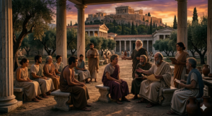Plato: The Philosopher Who Changed Human Thinking Forever Older Plato teaching philosophy to students in ancient Greece during sunset