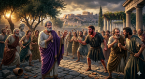 “Who Was Aristotle? The Curious Mind That Changed the World” Aristotle standing in front of angry Greek people or philosophers debating aggressively.