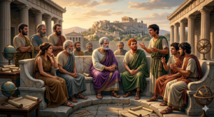 “Who Was Aristotle? The Curious Mind That Changed the World” Aristotle sitting among people carefully observing discussions and emotions.