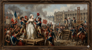 10 Shocking Facts About Marie Antoinette and Louis XVI During the French Revolution A somber historical painting depicting the downfall of Marie Antoinette and Louis XVI, showing the royal family in captivity as the French Revolution reaches its peak.