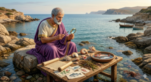 “Who Was Aristotle? The Curious Mind That Changed the World” “Aristotle studying sea life near the ocean”