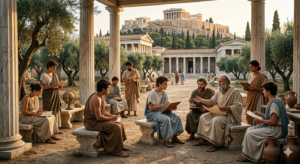 Plato: The Philosopher Who Changed Human Thinking Forever Students studying philosophy at Plato’s Academy in ancient Greece
