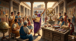“Who Was Aristotle? The Curious Mind That Changed the World” Aristotle teaching students passionately inside a Greek school.