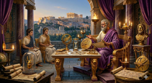 “Who Was Aristotle? The Curious Mind That Changed the World” Aristotle teaching Alexander outdoors in royal surroundings.