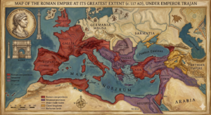 The Rise and Fall of the Roman Empire: From Glory to Collapse Map of the Roman Empire at its greatest extent under Emperor Trajan in 117 AD, marking the height of the Rise and Fall of the Roman Empire.