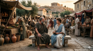 Plato: The Philosopher Who Changed Human Thinking Forever Plato listening to Socrates teaching in ancient Athens