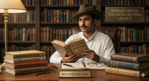 An artistic portrait of Bhagat Singh in a library, surrounded by books on political philosophy, highlighting his identity as a scholar and thinker.