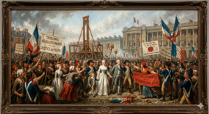 10 Shocking Facts About Marie Antoinette and Louis XVI During the French Revolution A dramatic HD historical painting of an angry Parisian mob confronting Marie Antoinette and Louis XVI, capturing the intense public animosity during the French Revolution.