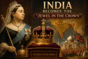 Queen Victoria: The Queen Who Defined the Victorian Era and the British Empire Queen Victoria and British India illustration showing India as the “Jewel in the Crown” of the British Empire during the Victorian Era.