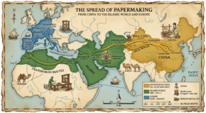 Cai Lun and the Invention of Paper: How One Man Changed Civilization Forever AI-generated map illustrating the spread of papermaking technology from China through Central Asia to the Middle East and Europe.