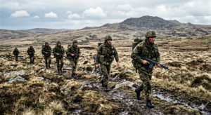 The Falklands War (1982): The 74-Day Conflict That Changed Britain and Argentina Forever AI-generated illustration of British paratroopers moving across rugged Falkland Islands terrain during the advance toward Stanley in June 1982.