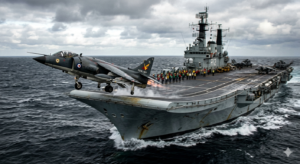 The Falklands War (1982): The 74-Day Conflict That Changed Britain and Argentina Forever AI-generated image of a British Sea Harrier jet launching from an aircraft carrier during operations in the South Atlantic in 1982.