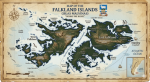 The Falklands War (1982): The 74-Day Conflict That Changed Britain and Argentina Forever AI-generated map showing the Falkland Islands in the South Atlantic Ocean, approximately 500 kilometers east of Argentina.