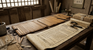 Cai Lun and the Invention of Paper: How One Man Changed Civilization Forever AI-generated illustration of ancient Chinese bamboo slips and silk manuscripts used for writing before the invention of paper.