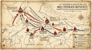 The Revolt of 1857: The Powerful Rebellion That Changed Indian History Map showing the major centers of the Revolt of 1857 across India.