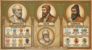 Great physicians of Greek and Indian Ancient Medicine including Hippocrates, Charaka, Sushruta and Galen
