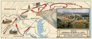 Map of Confederate invasion into Pennsylvania before the Battle of Gettysburg