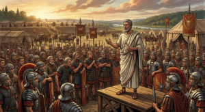 Gaius Musonius Rufus: 7 Powerful Stoic Lessons Gaius Musonius Rufus preaching peace to Roman soldiers during AD 69 civil war