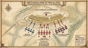 Battle of Hastings battlefield map showing Norman and Anglo-Saxon troop positions at Senlac Hill