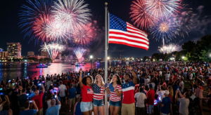 Fourth of July Independence Day celebration with fireworks and American flag