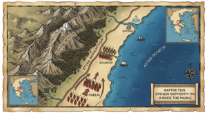 Map of the Battle of Thermopylae showing the narrow Hot Gates pass in ancient Greece