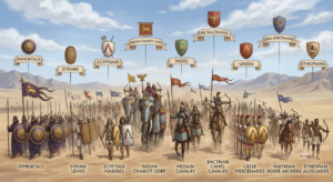 Illustration of the multinational Persian army with different ethnic units