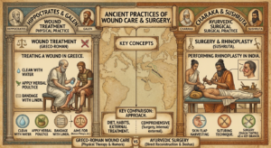 Ancient surgery in Greek and Indian Ancient Medicine showing Sushruta's surgical techniques