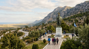 Modern Thermopylae battlefield and King Leonidas memorial in Greece