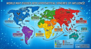 World map divided into hypothetical spheres of influence (custom infographic)