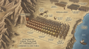 Greek coalition defending Thermopylae including Spartans, Thespians and helots