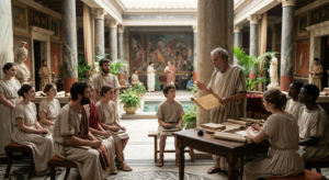 Musonius Rufus teaching Stoic philosophy to Epictetus in ancient Rome