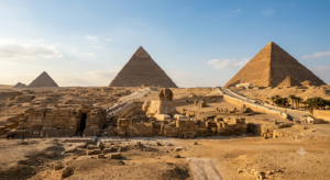 Construction of the Pyramids of Giza: How Ancient Egypt Built the World's Greatest Wonder Map and aerial view of the Giza Plateau with the three pyramids