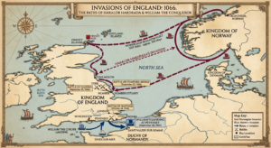 Map showing the Norman invasion and Battle of Hastings campaign in 1066
