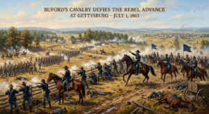 Union cavalry commanded by John Buford delaying Confederate forces at Gettysburg