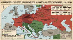 Political map of Europe showing Axis territorial control in 1942.