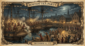 Illustration or painting of the Boston Tea Party