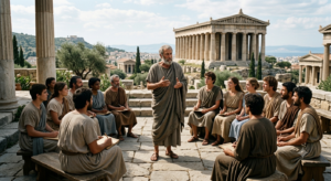 Epictetus teaching Stoic philosophy to his students in ancient Greece