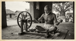 Mahatma Gandhi spinning the charkha during the Non-Cooperation Movement