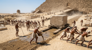 Construction of the Pyramids of Giza: How Ancient Egypt Built the World's Greatest Wonder Ancient Egyptians pulling massive stone blocks on wooden sledges using wet sand
