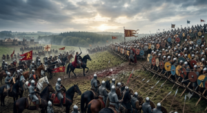 Battle of Hastings 1066 showing Norman and Anglo-Saxon armies fighting at Senlac Hill